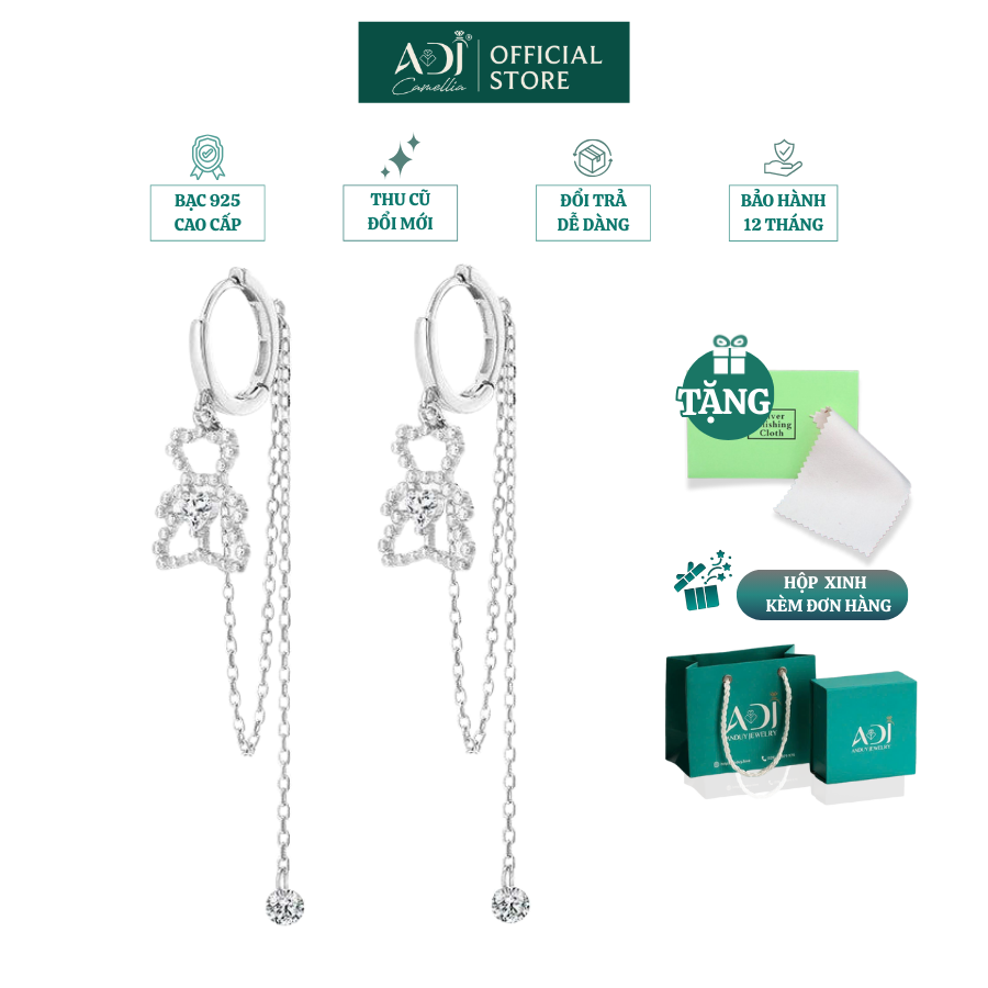 Khuyên Tai Bạc Nữ ADJ Dáng Dài Hình Chú Gấu Dễ Thương Phối Đá CZ