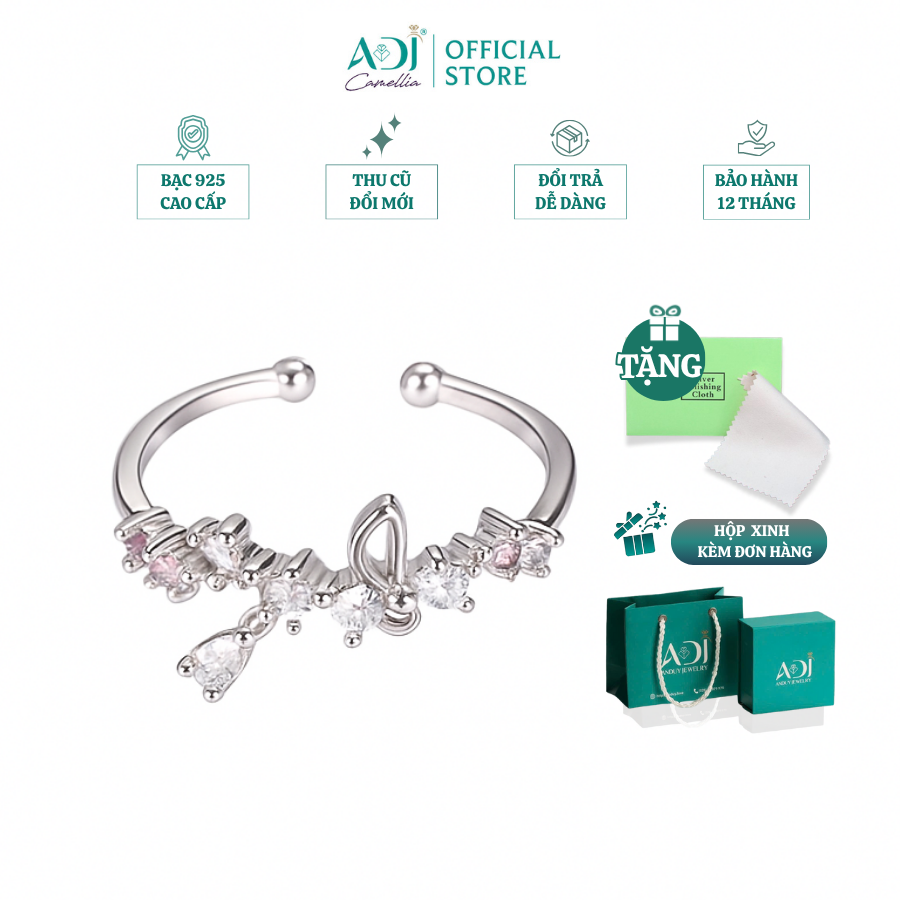 Nhẫn Bạc Nữ ADJ Freesize Flower Garden Hoa Bướm Phối Đá Hồng Nàng Thơ SN118211AD