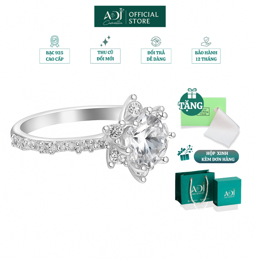 Nhẫn Bạc Nữ ADJ 6 Cánh Nhọn Viên Chủ To Viền Nạm Đá Lấp Lánh