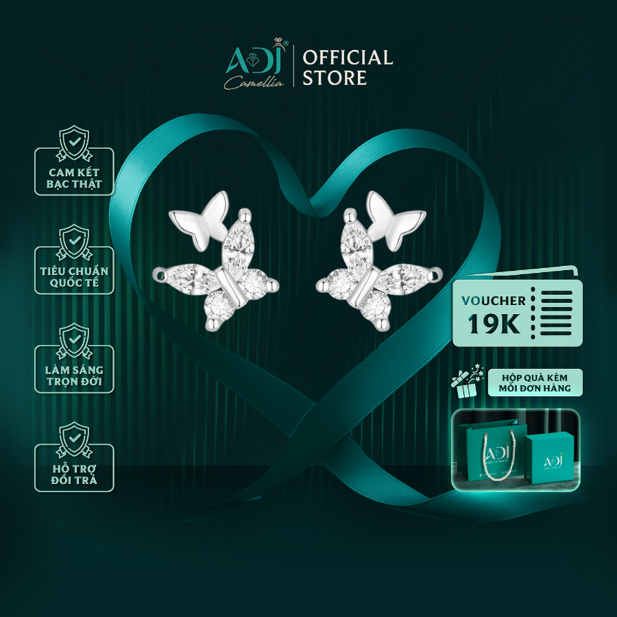 Bông tai Trang sức bạc 925 ADJ an toàn sang trọng cao cấp Đôi Bướm Hồ Điệp SB14704AD