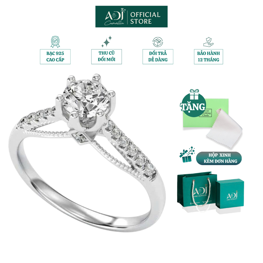 Nhẫn Bạc Nữ ADJ Trụ Vương Miện Cao phối Viền Đôi Nạm Đá Lấp Lánh