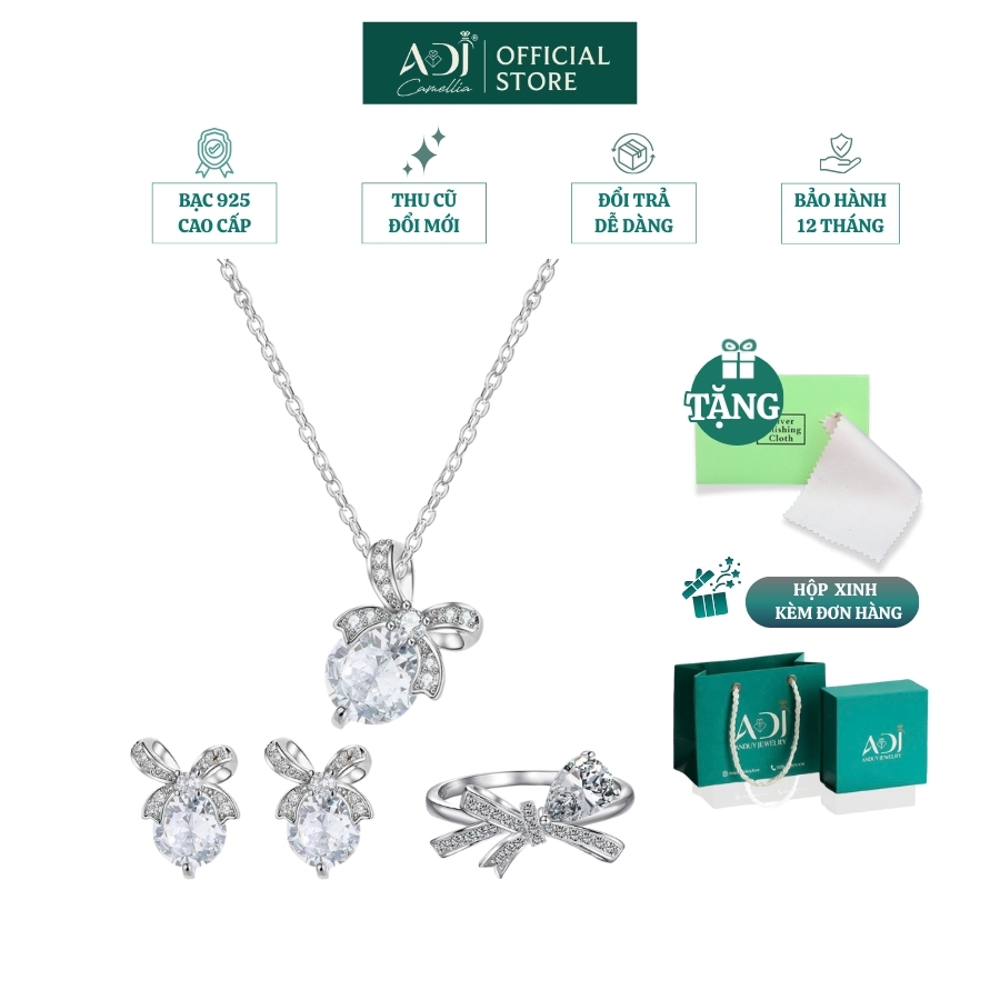Bộ trang sức Bạc Dây chuyền, Nhẫn, Bông tai Nữ ADJ 925 Nơ Pha Lê Ngọt Ngào Thanh Lịch