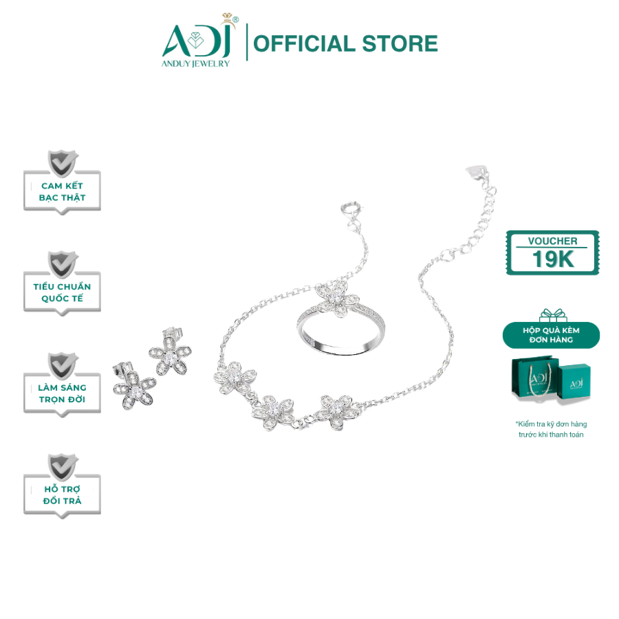 Bộ sản phẩm Trang sức bạc 925 ADJ đính đá CZ sang trọng cao cấp Bông hoa 5 cánh