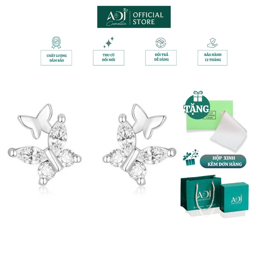 Bông tai Trang sức bạc 925 ADJ an toàn sang trọng cao cấp Đôi Bướm Hồ Điệp SB14704AD