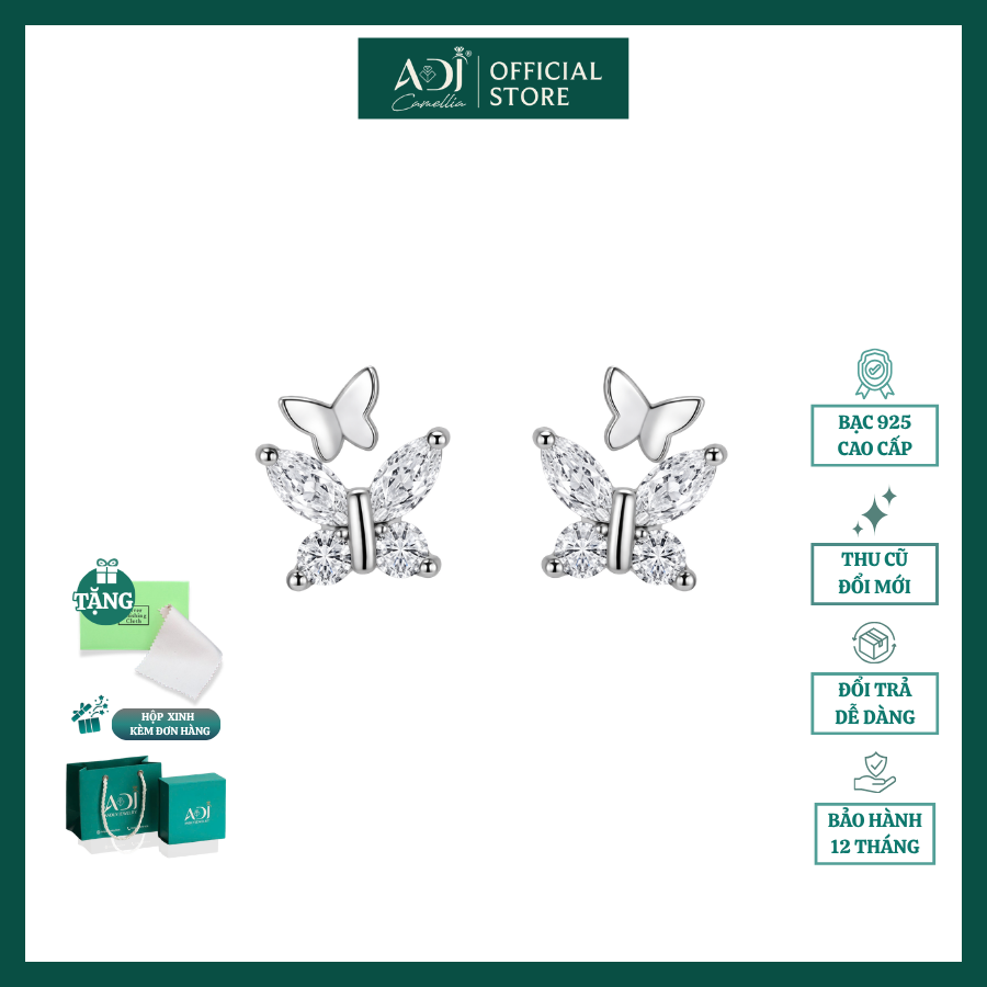 Bông tai Trang sức bạc 925 ADJ an toàn sang trọng cao cấp Đôi Bướm Hồ Điệp SB14704AD - SB137143AD