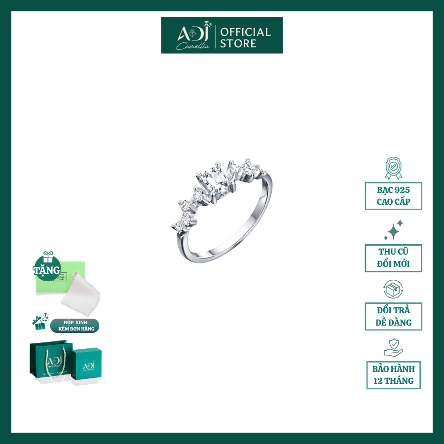 Nhẫn Bạc Nữ ADJ 925 Đính Đá Vuông Lấp Lánh Sang Trọng Phụ Kiện Trang Sức Nữ Cao Cấp SN16203AD