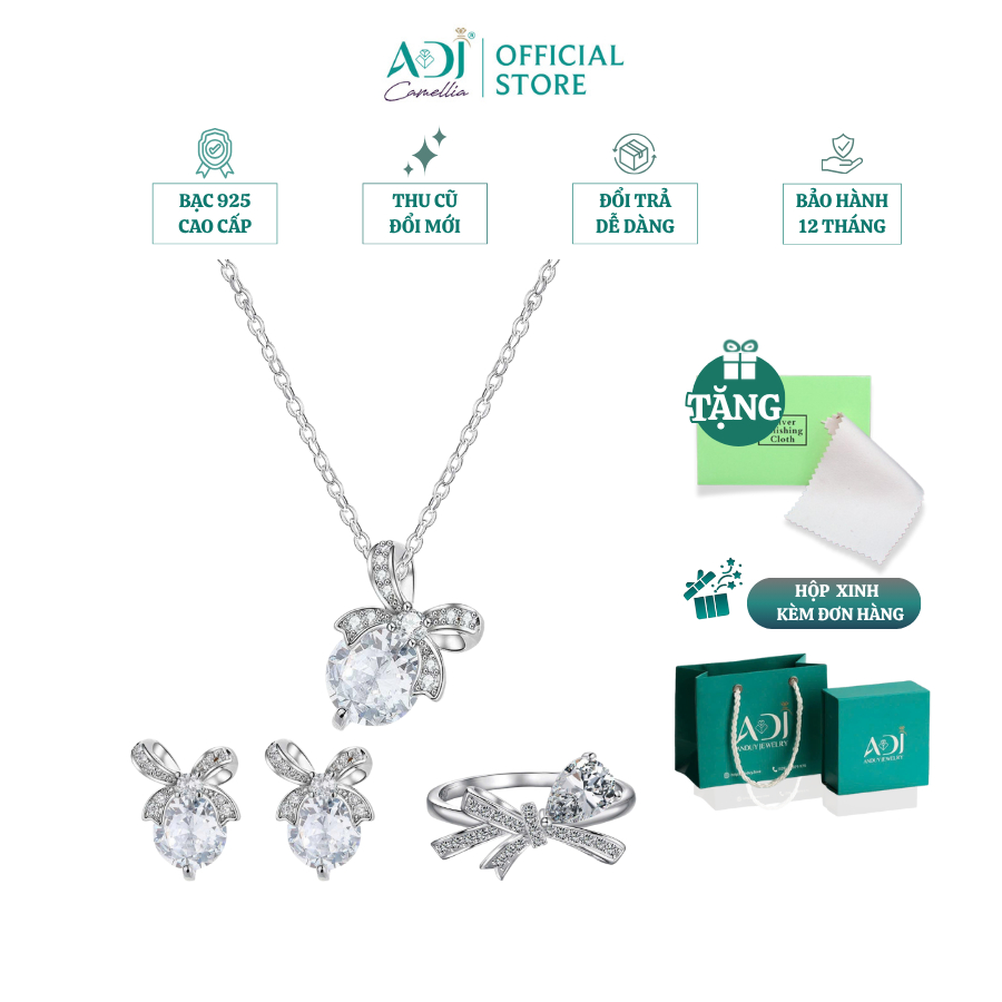 Bộ trang sức Bạc Dây chuyền, Nhẫn, Bông tai Nữ ADJ 925 Nơ Pha Lê Ngọt Ngào Thanh Lịch