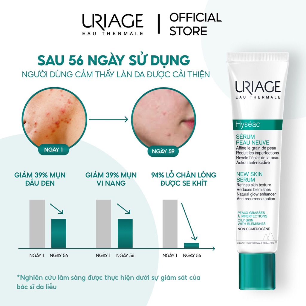 Serum giảm mụn thâm, se khít lỗ chân lông Uriage Hyséac Serum Peau Neuve cho da dầu mụn 40ml