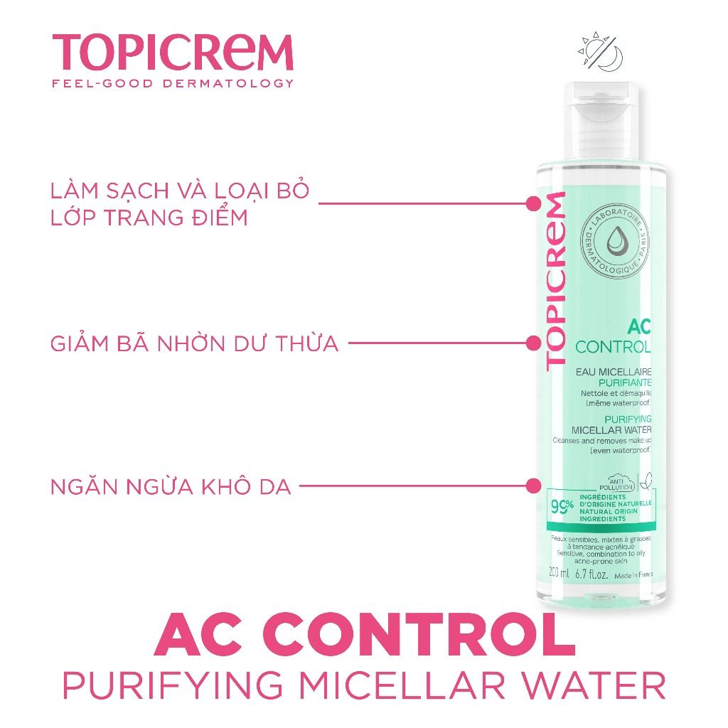 Nước tẩy trang dành cho da dầu mụn TOPICREM AC PURIFYING MICELLAR WATER 200ml
