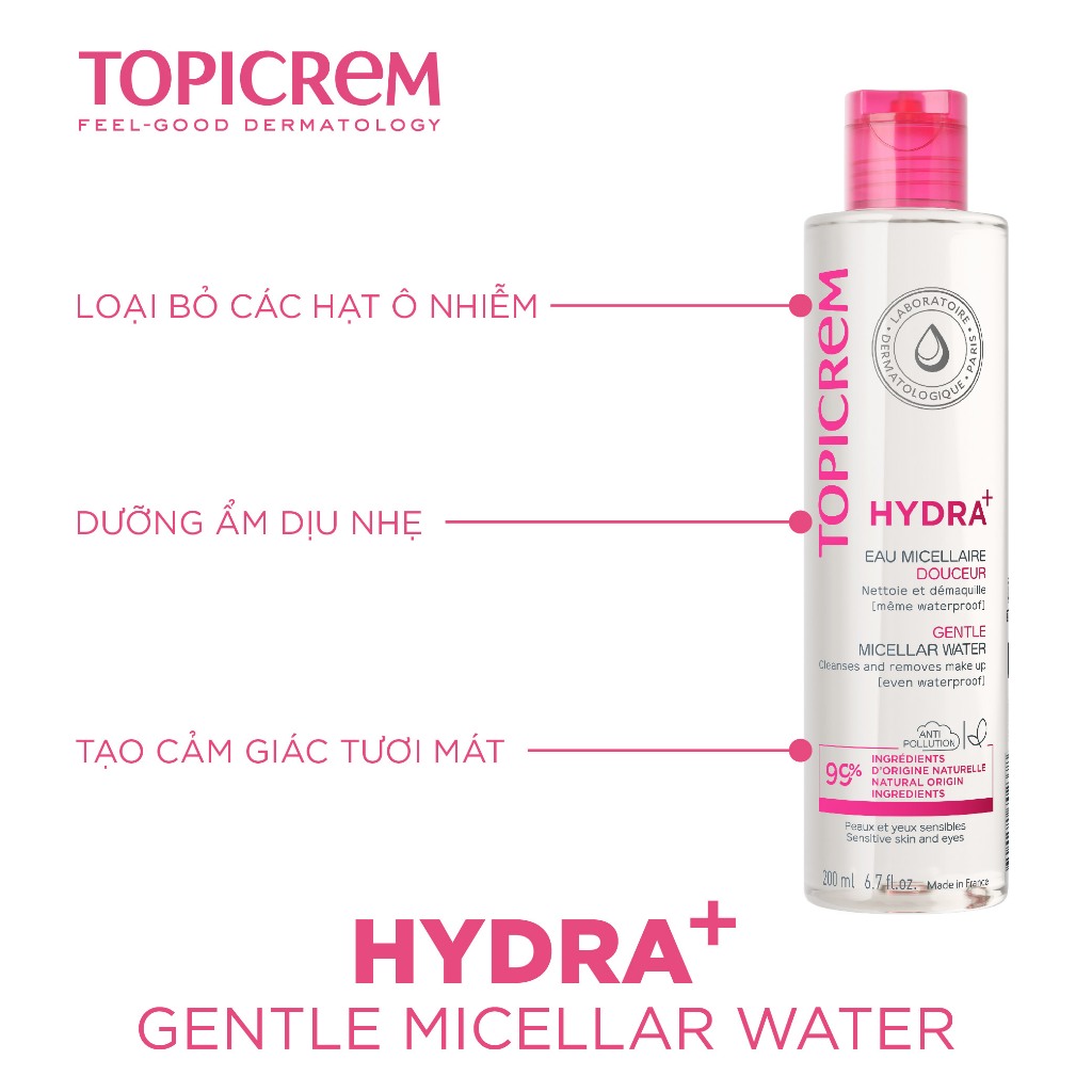 Nước Tẩy Trang Dành Cho Da Khô & Nhạy Cảm Topicrem Hydra+ Gentle Micellar Water 200m