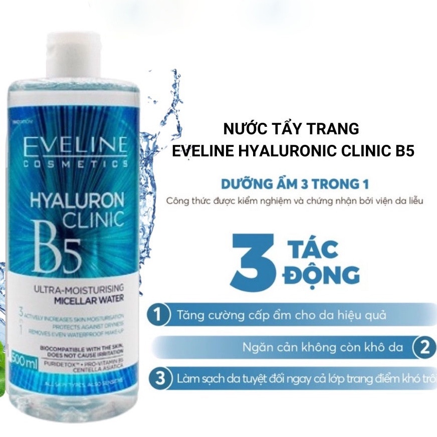 Nước tẩy trang Eveline Hyaluronic Clinic B5 dưỡng ẩm dành cho da mụn, da nhạy cảm 500ml