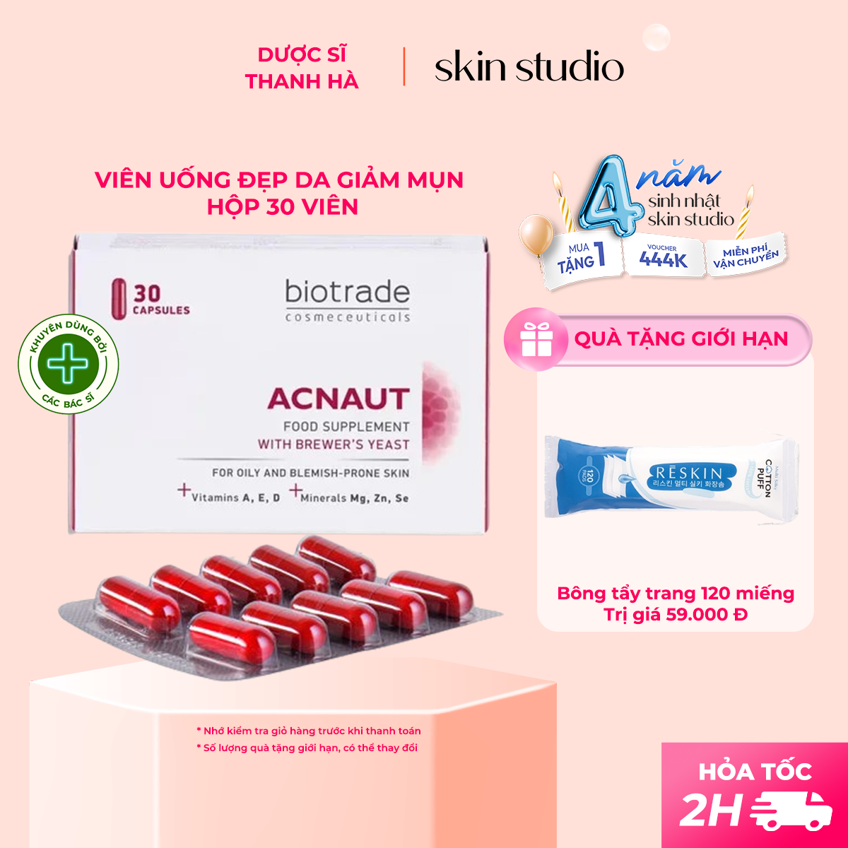 Viên uống giảm mụn Biotrade Acnaut Food Supplement hộp 30 viên