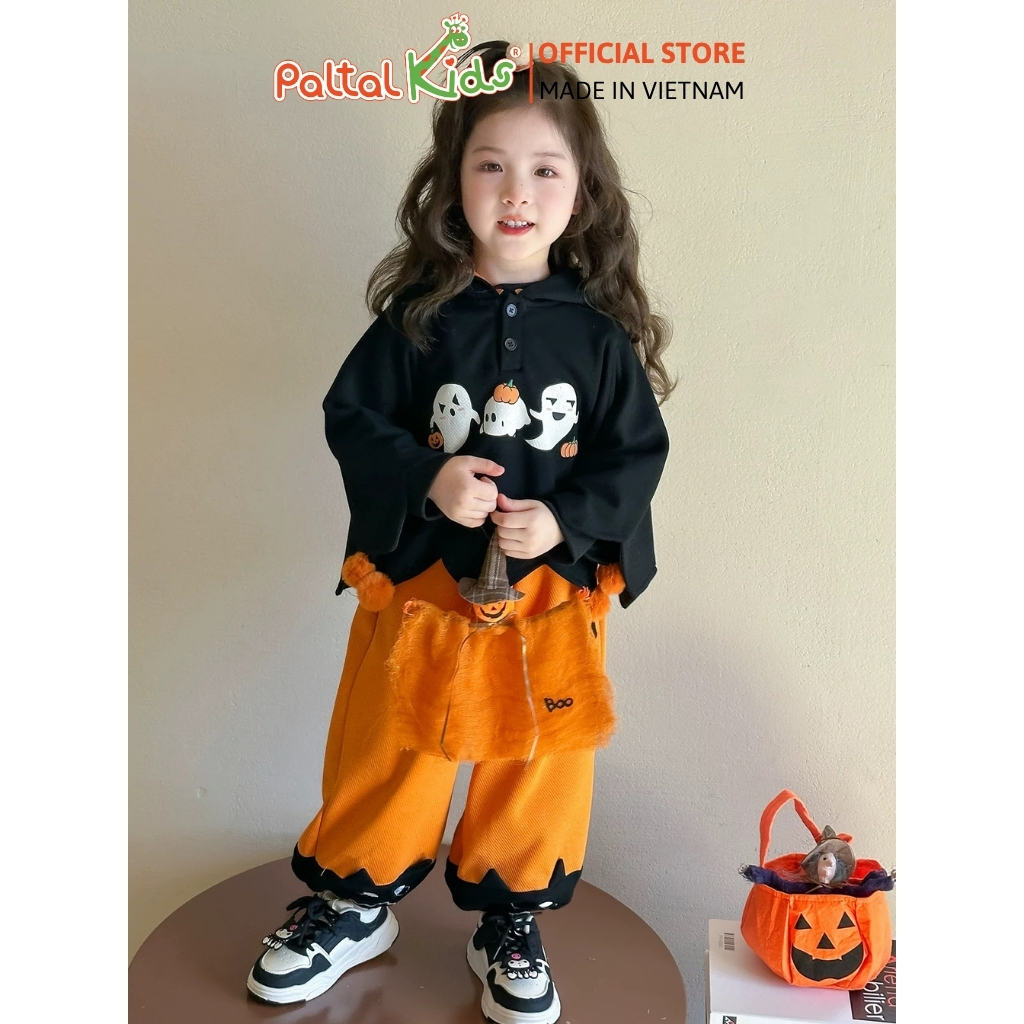HALLOWEEN 2025 - Set Áo Cánh Dơi Hình In Bóng Ma Mix Quần Ống Rộng Bé Gái Cao Cấp