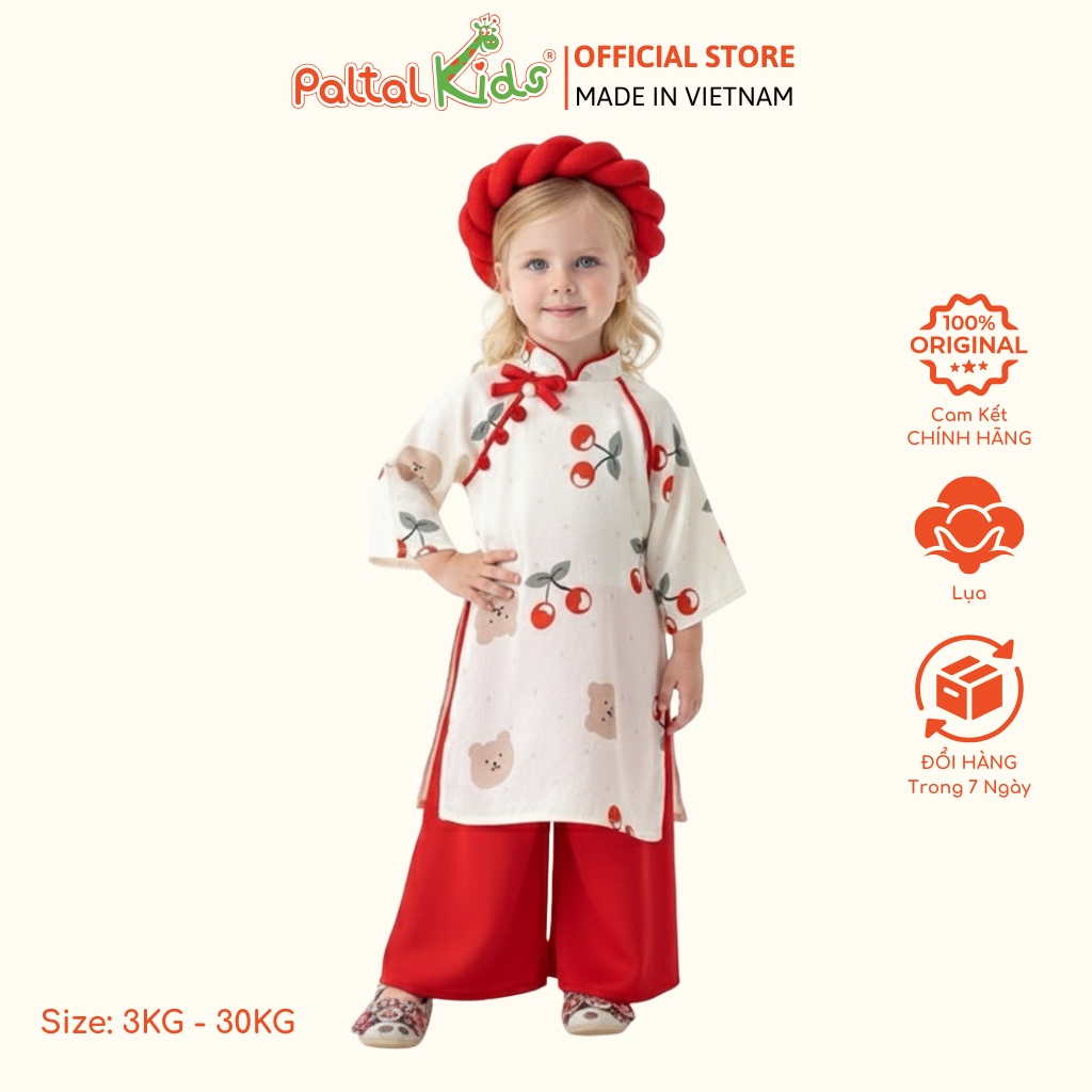 Set Áo Dài Lụa Cherry Cách Tân Kèm Phụ Kiện Bé Gái Cao Cấp - 533 6096