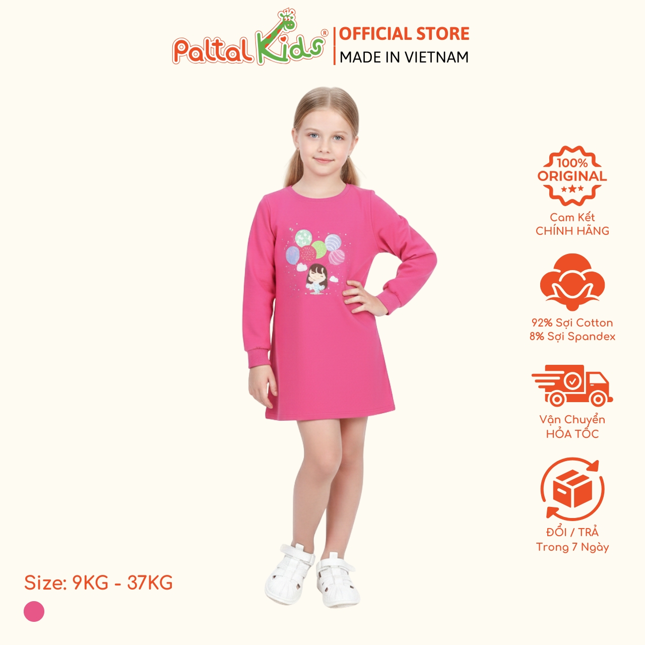 Đầm Dáng A Tay Dài Cotton Mỹ Bé Gái Cao Cấp - 020C 8011