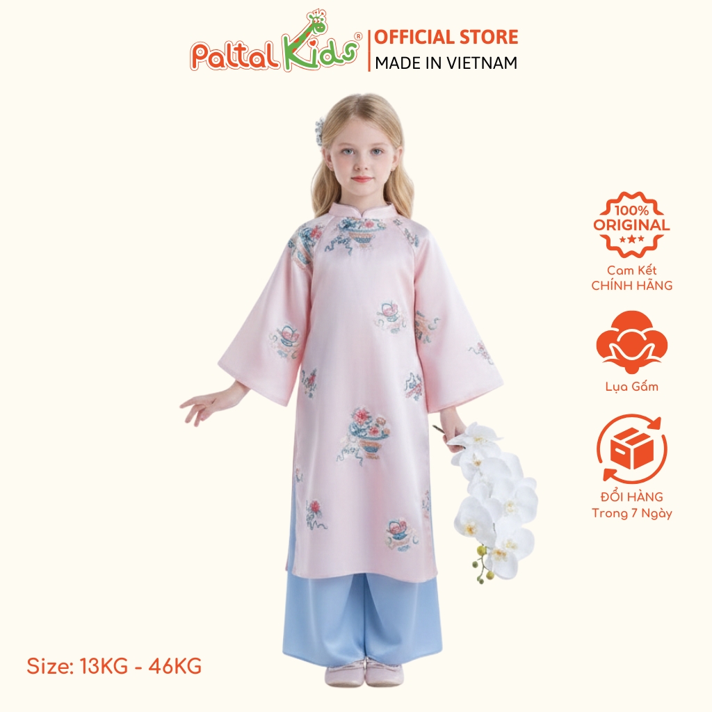 Set Áo Dài Lụa Gấm Thêu Hoa Cách Tân Bé Gái Cao Cấp - 533 6132