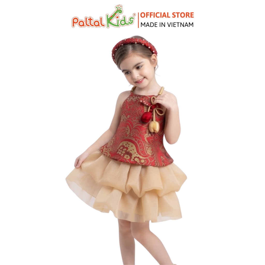 TRUNG THU 2026 - Set Yếm Đỏ Phối Chân Váy Voan Nâu Xếp Tầng Tặng Kèm Mấn Bé Gái Cao Cấp