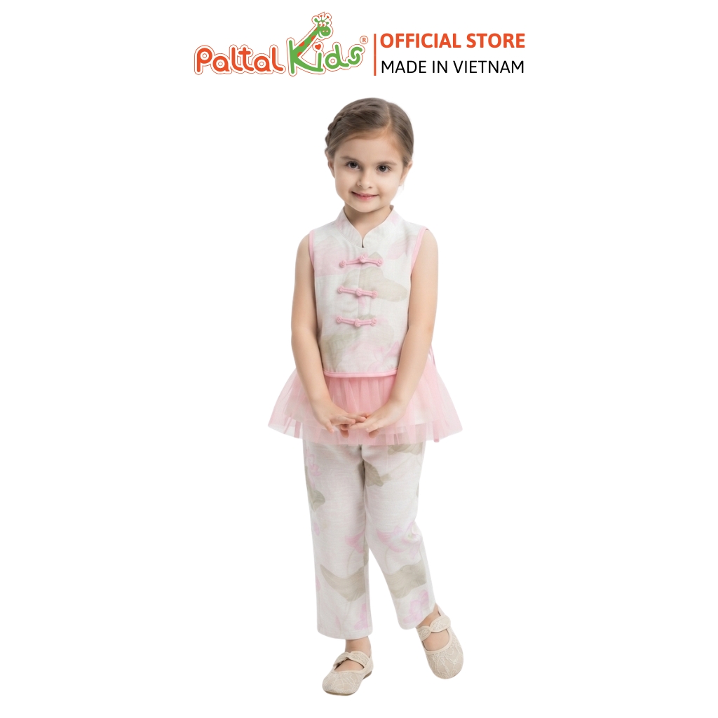 TRUNG THU 2026 - Set Cổ Tàu Áo Phối Voan Hoa Sen Bé Gái Cao Cấp