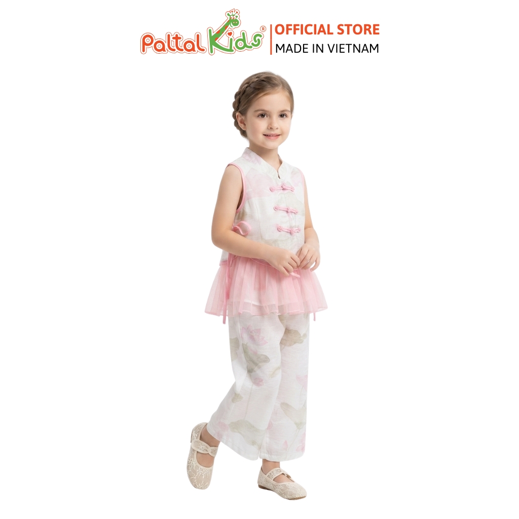 TRUNG THU 2026 - Set Cổ Tàu Áo Phối Voan Hoa Sen Bé Gái Cao Cấp