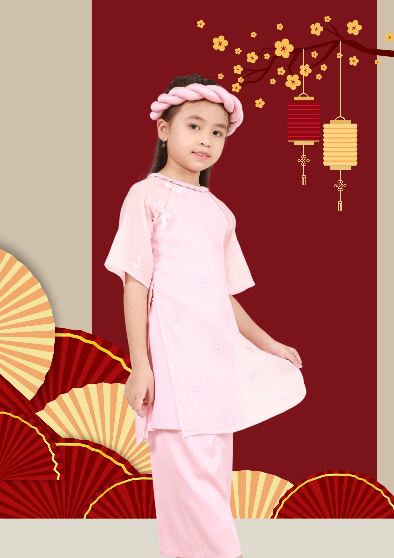 Set Áo Dài Lụa Nhung Phối Voan Thêu Cách Tân "Xuân Nhi" Bé Gái Cao Cấp - 533 6075