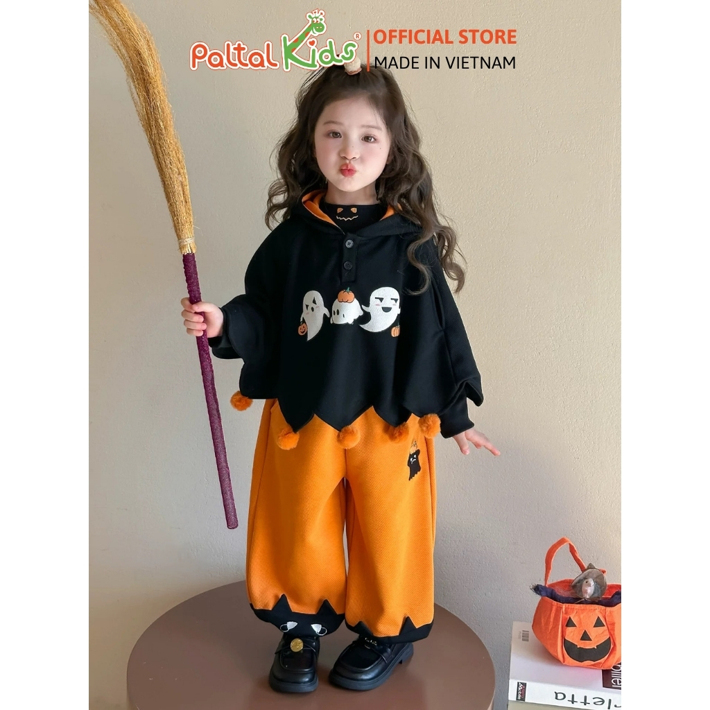 HALLOWEEN 2025 - Set Áo Cánh Dơi Hình In Bóng Ma Mix Quần Ống Rộng Bé Gái Cao Cấp