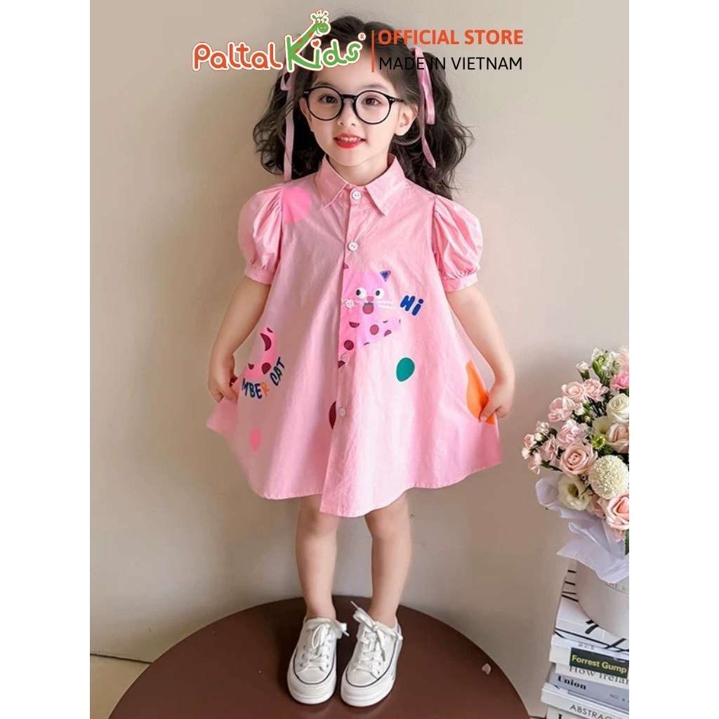 Đầm Sơ Mi Babydoll Tay Phồng Thô Mềm Họa Tiết Mèo Bé Gái Cao Cấp - 02C 9210
