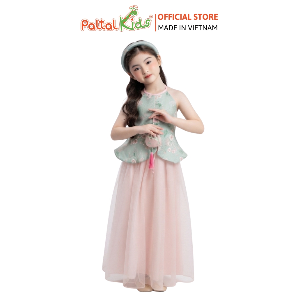 TRUNG THU 2026 - Set Yếm Cúc Tàu Bọc Phối Chân Váy Voan Tơ Hồng Tặng Kèm Mấn Bé Gái Cao Cấp
