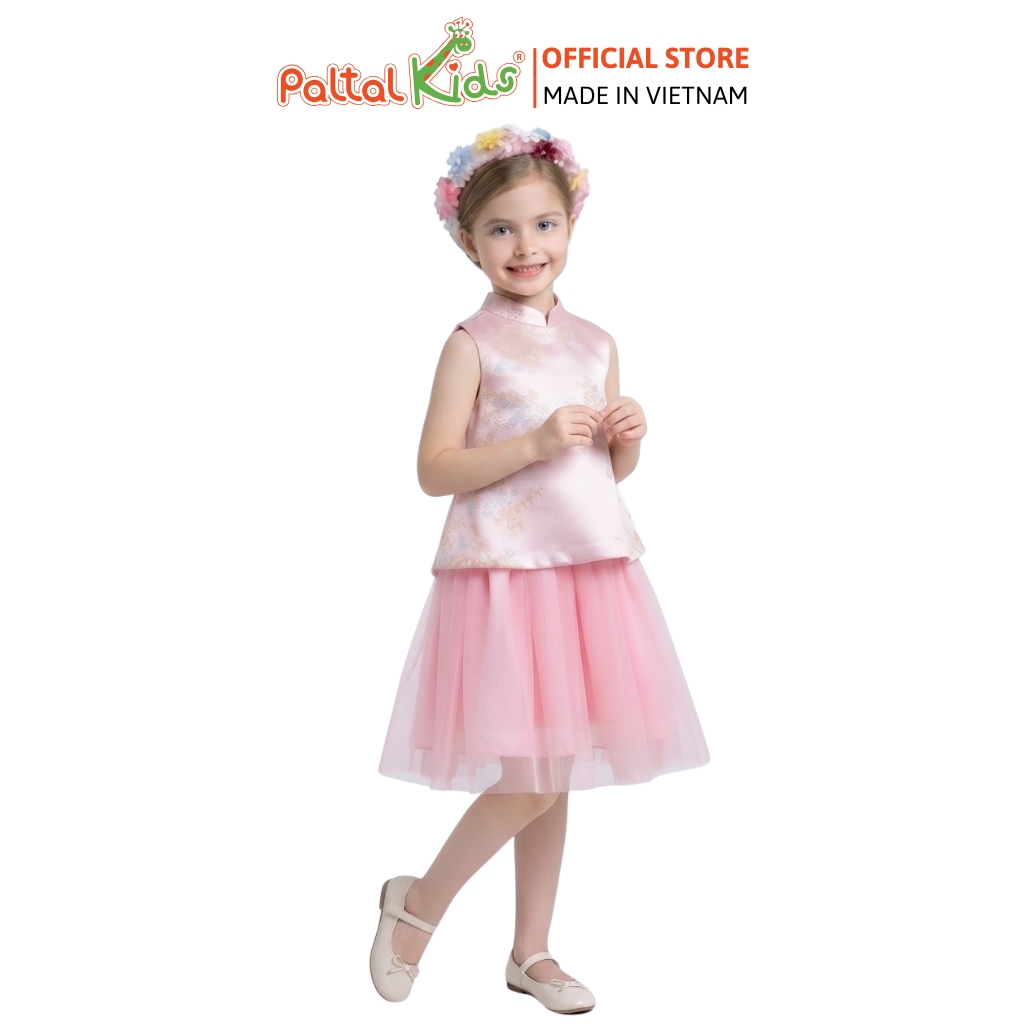 TRUNG THU 2026 - Set Yếm Gấm Thêu Hoa Form A Phối Chân Váy Phồng Bé Gái Cao Cấp
