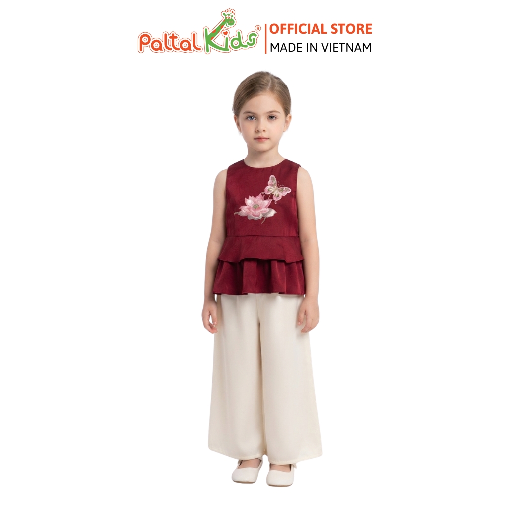 TRUNG THU 2026 - Set Áo Gấm Thêu Hoa Sen Phối Quần Lụa Bé Gái Cao Cấp