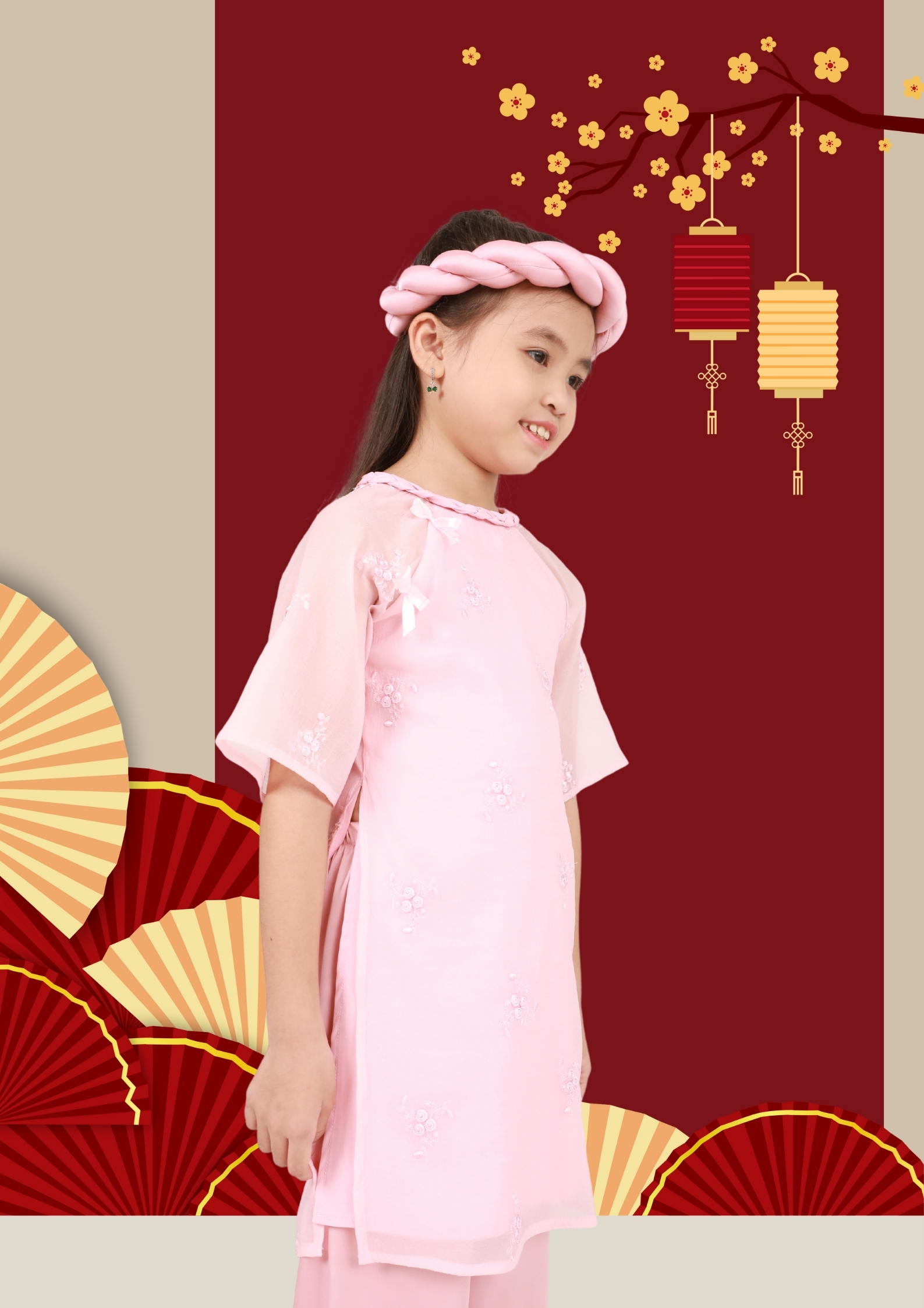 Set Áo Dài Lụa Nhung Phối Voan Thêu Cách Tân "Xuân Nhi" Bé Gái Cao Cấp - 533 6075