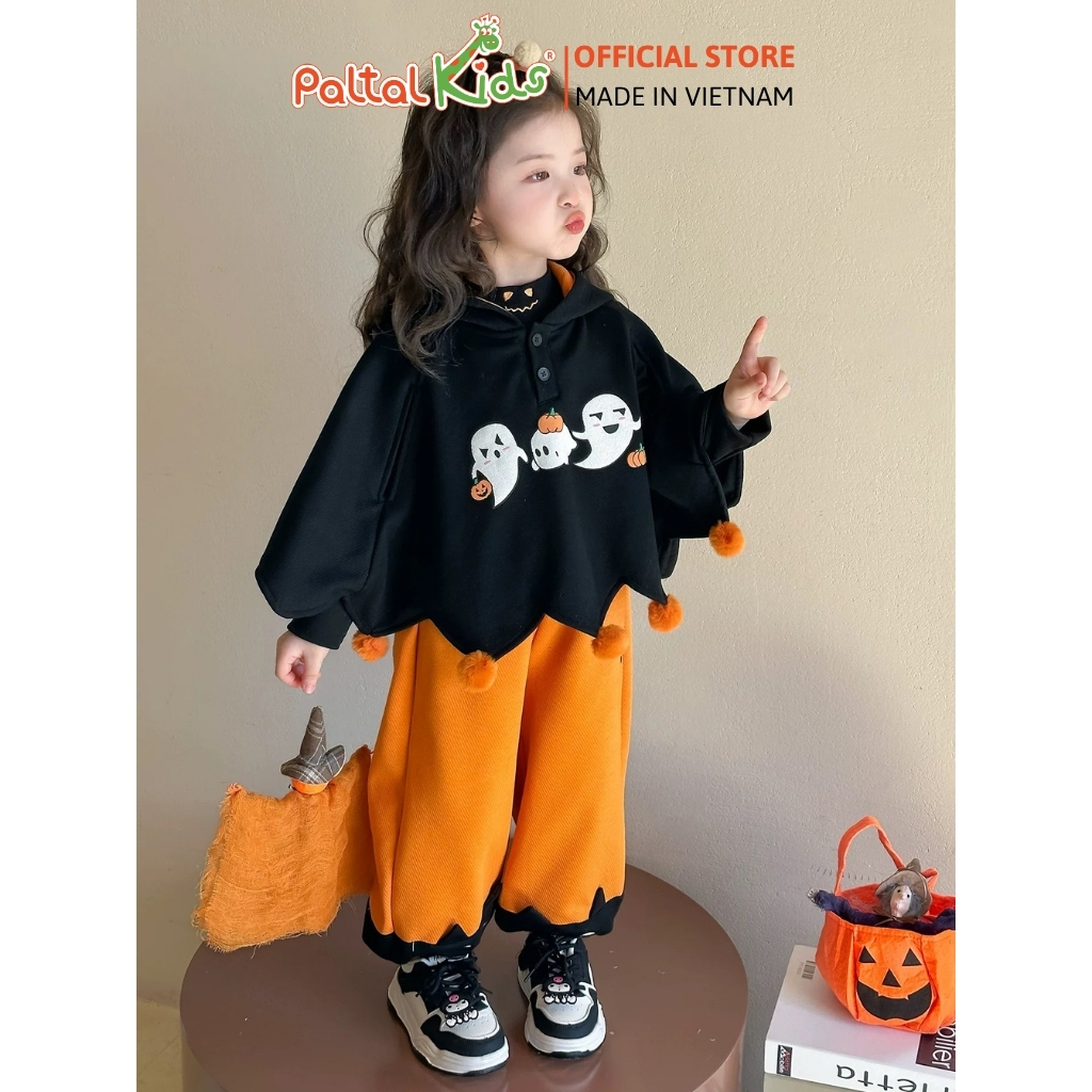 HALLOWEEN 2025 - Set Áo Cánh Dơi Hình In Bóng Ma Mix Quần Ống Rộng Bé Gái Cao Cấp