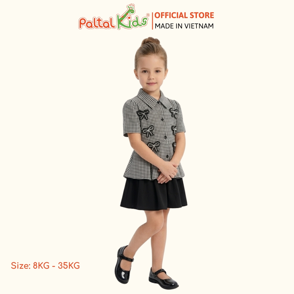 Set Áo Sơ Mi Caro Đính Nơ Đá Mix Chân Váy Xếp Ly 2 Tầng Bé Gái Cao Cấp - 022 6063