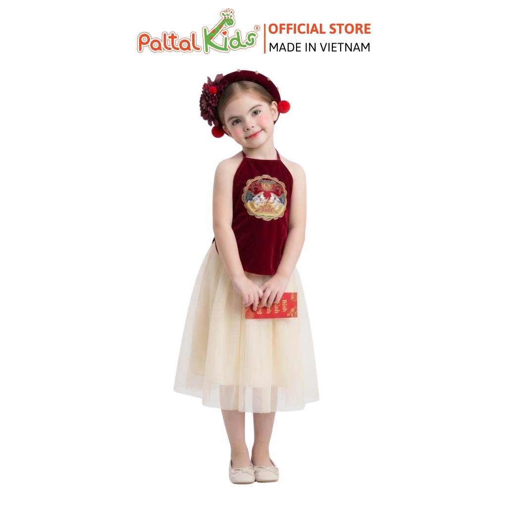 TRUNG THU 2025 - Set Yếm Đỏ Phối Chân Váy Voan Tặng Kèm Mấn Bé Gái Cao Cấp