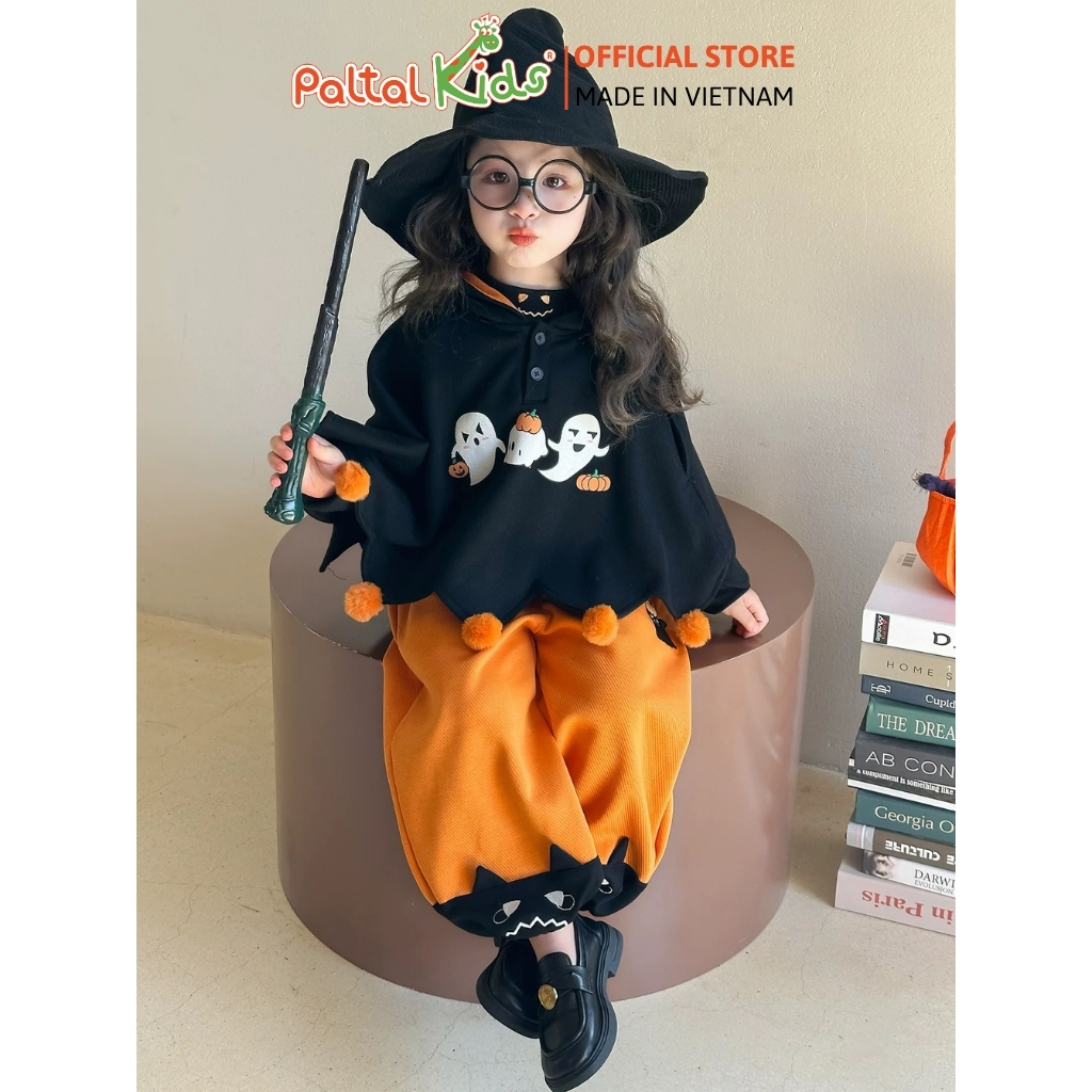 HALLOWEEN 2025 - Set Áo Cánh Dơi Hình In Bóng Ma Mix Quần Ống Rộng Bé Gái Cao Cấp