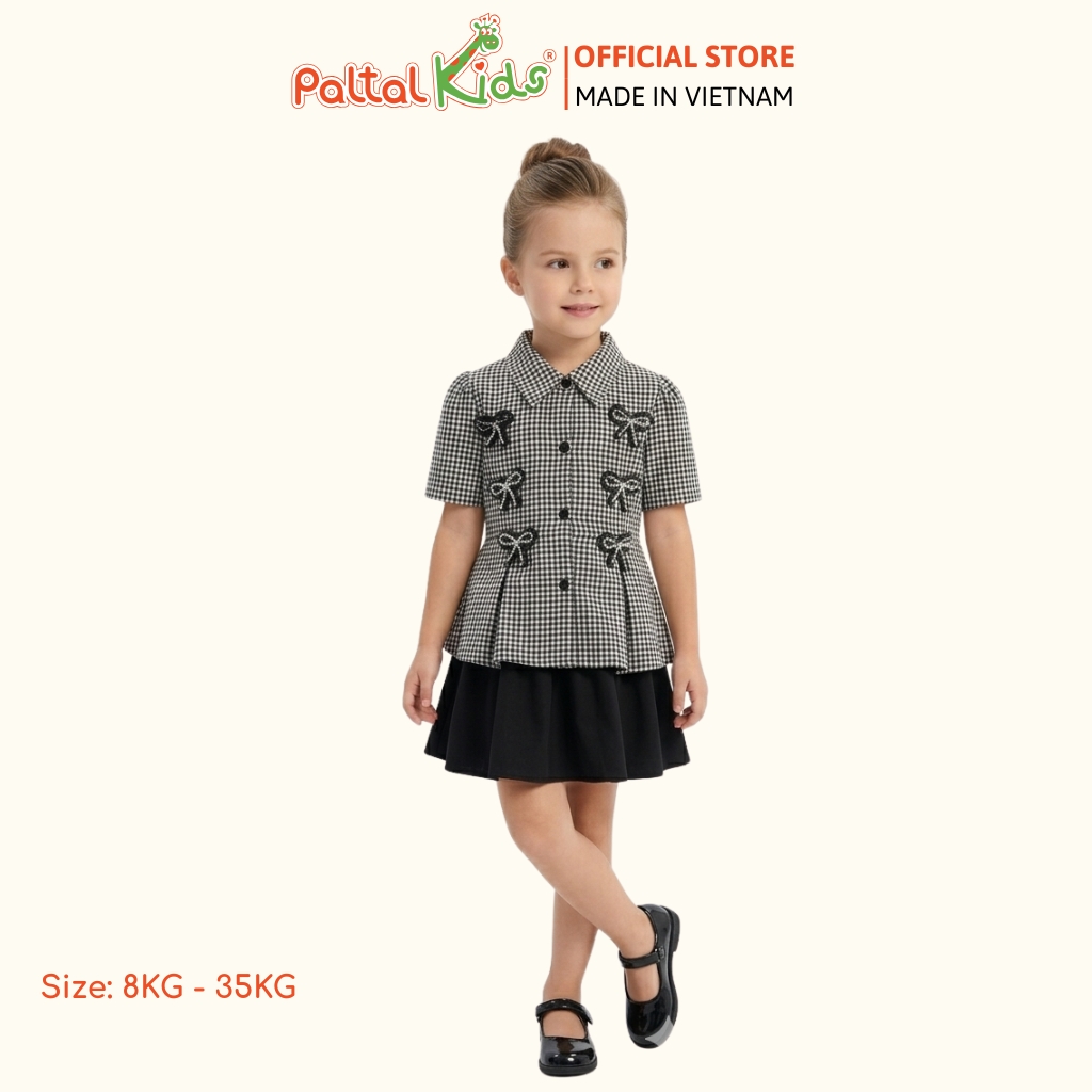 Set Áo Sơ Mi Caro Đính Nơ Đá Mix Chân Váy Xếp Ly 2 Tầng Bé Gái Cao Cấp - 022 6063