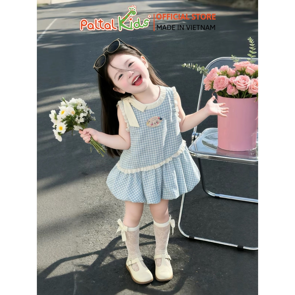 Đầm Kate Đũi Nhăn Sát Nách Bèo Dáng Bí Họa Tiết Sọc Caro Bé Gái Cao Cấp