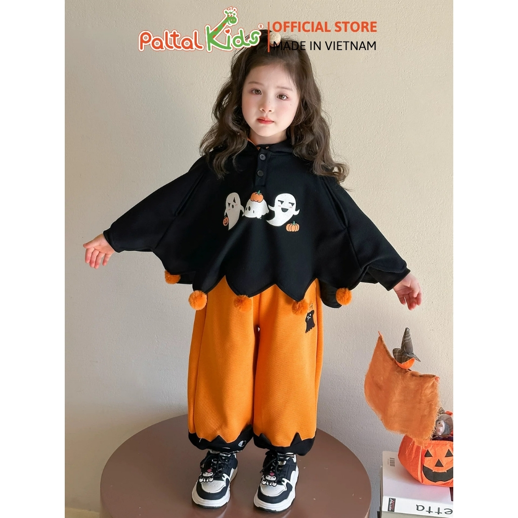 HALLOWEEN 2025 - Set Áo Cánh Dơi Hình In Bóng Ma Mix Quần Ống Rộng Bé Gái Cao Cấp