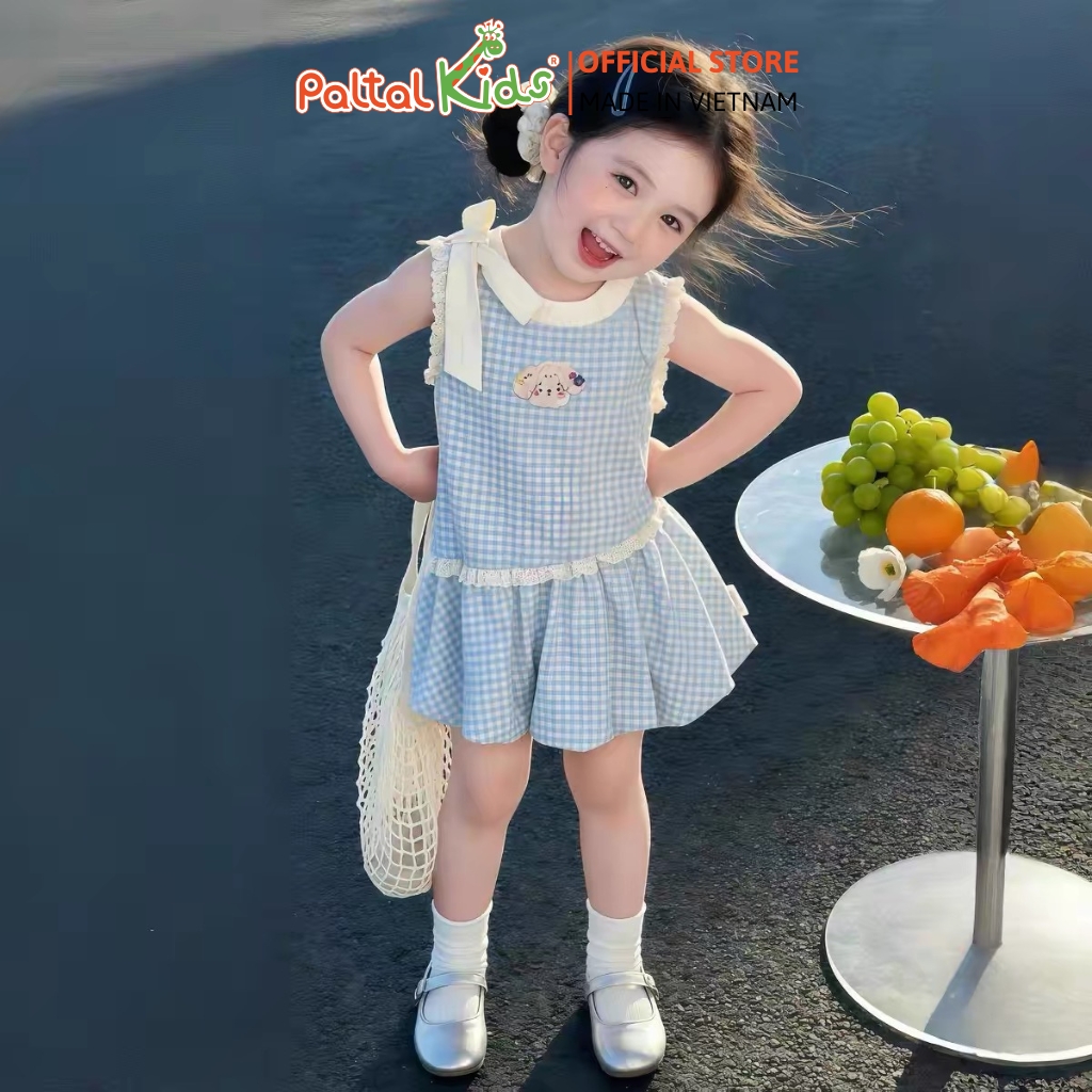 Đầm Kate Đũi Nhăn Sát Nách Bèo Dáng Bí Họa Tiết Sọc Caro Bé Gái Cao Cấp
