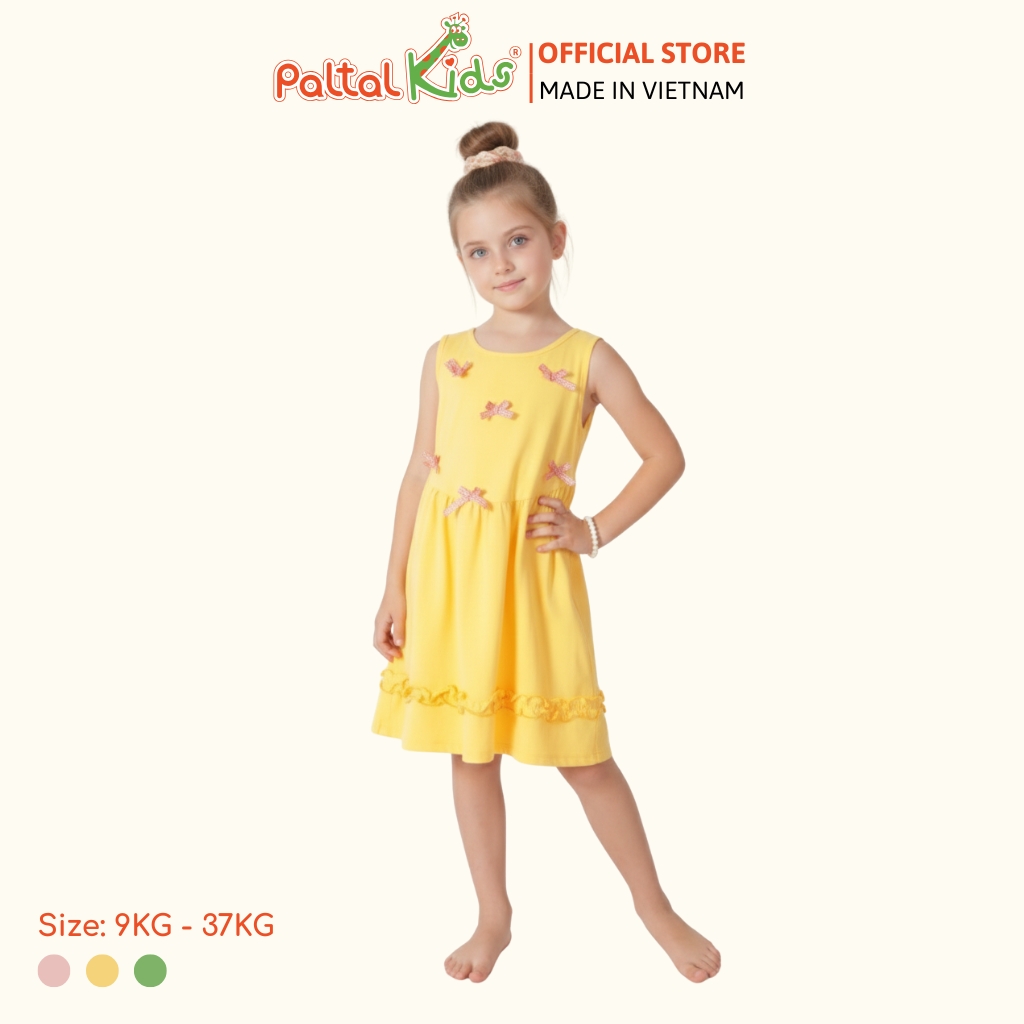 Đầm Dáng Xòe Tay Bản Đính Nơ Cotton Mỹ Bé Gái Cao Cấp - 02C 8033