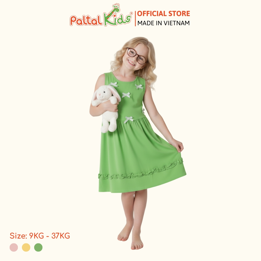 Đầm Dáng Xòe Tay Bản Đính Nơ Cotton Mỹ Bé Gái Cao Cấp - 02C 8033