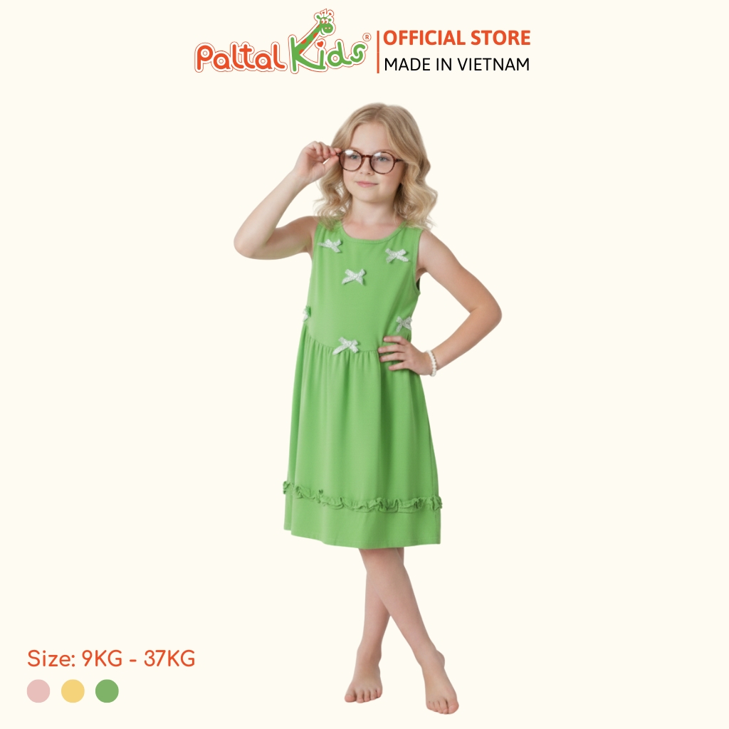 Đầm Dáng Xòe Tay Bản Đính Nơ Cotton Mỹ Bé Gái Cao Cấp - 02C 8033