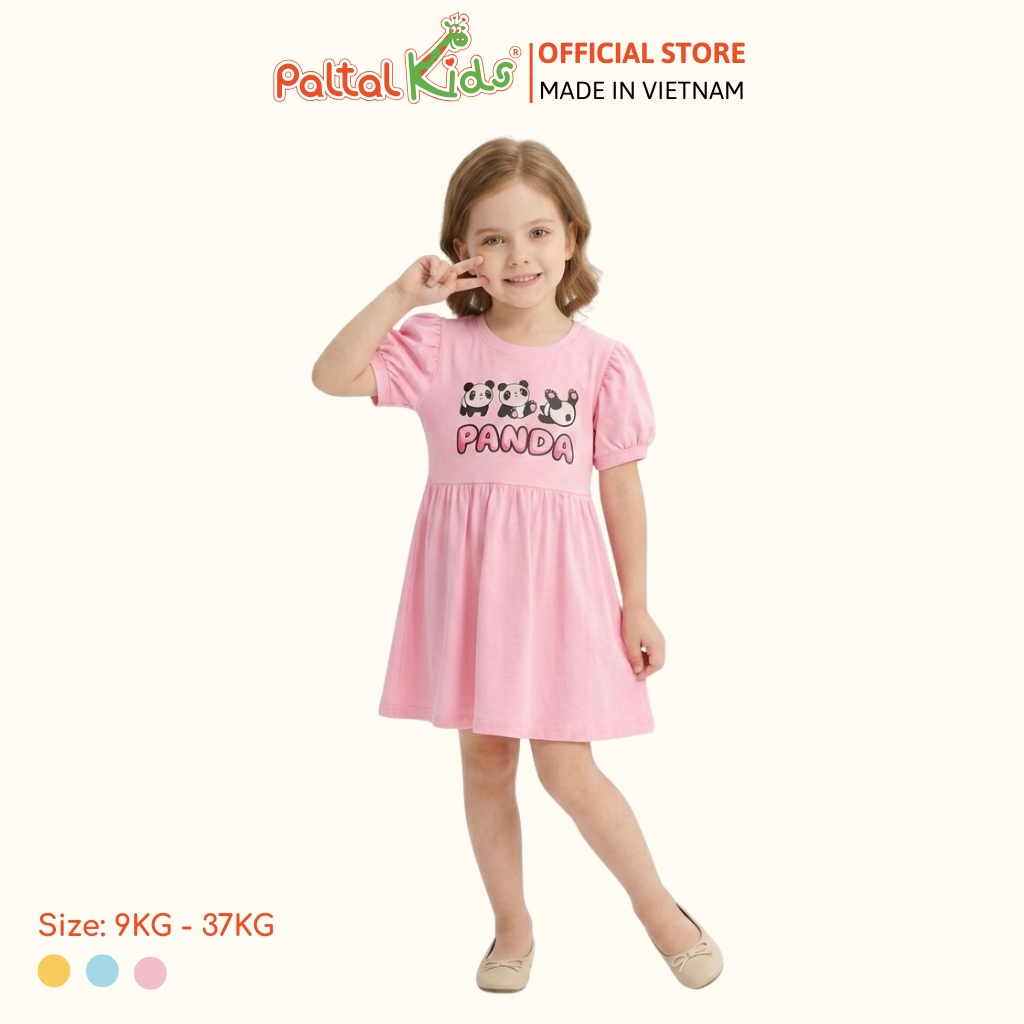 Đầm Babydoll Tay Phồng Cotton Mỹ Hình In Gấu Panda Bé Gái Cao Cấp - 02C 8034