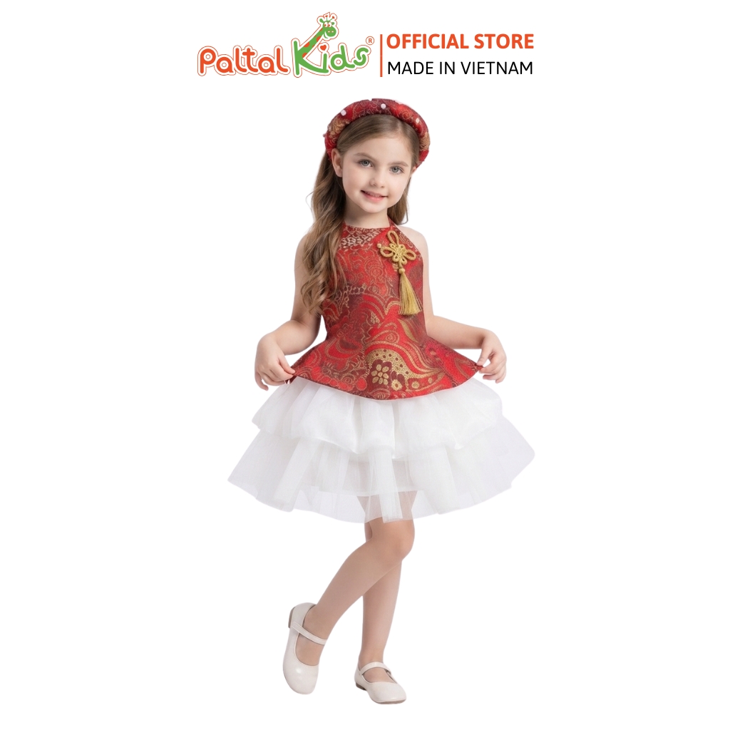 TRUNG THU 2026 - Set Yếm Đỏ Phối Chân Váy Voan Trắng Xếp Tầng Tặng Kèm Mấn Bé Gái Cao Cấp