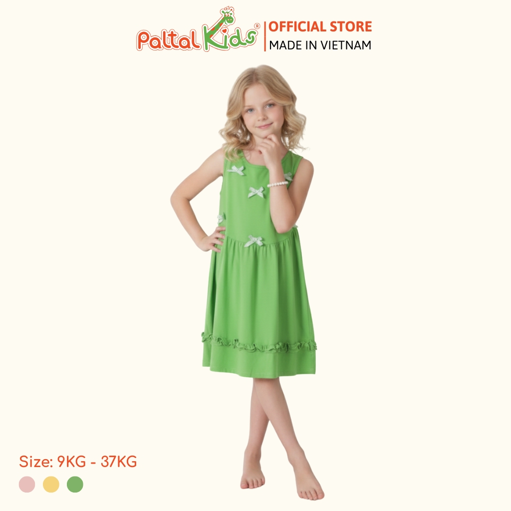 Đầm Dáng Xòe Tay Bản Đính Nơ Cotton Mỹ Bé Gái Cao Cấp - 02C 8033