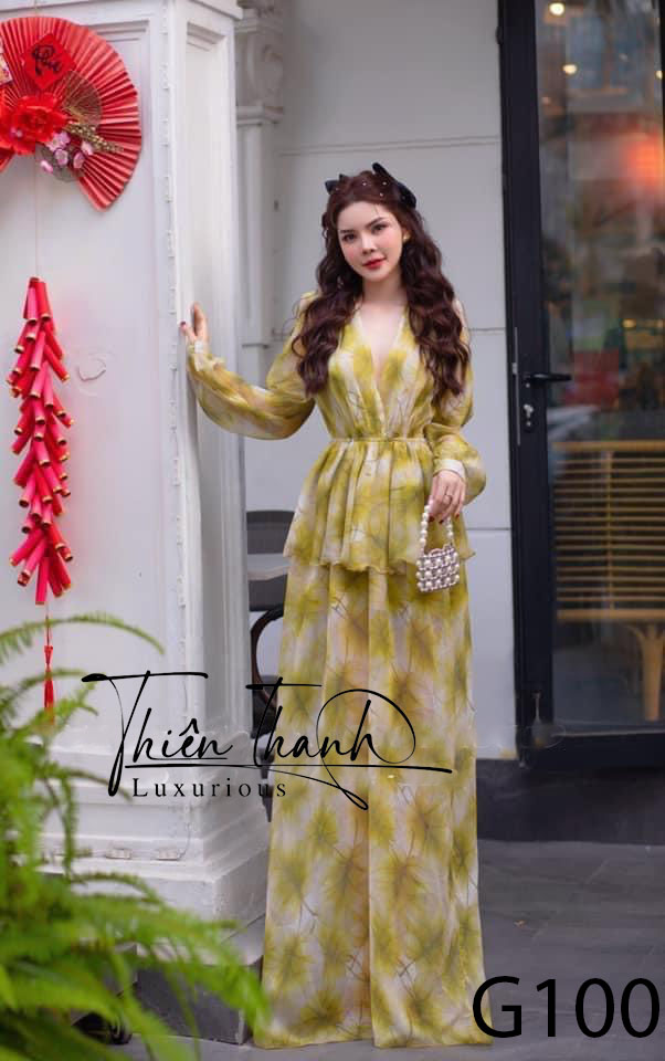 Maxi Dài Xanh Tay Dài Cổ V