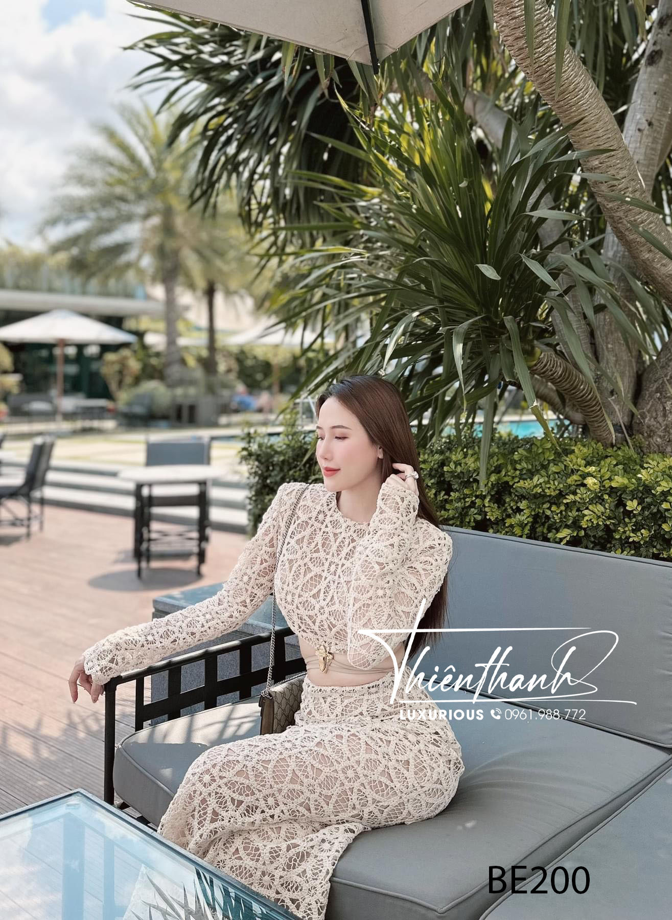 Set TK Dài Ren Áo Croptop Tay Dài Mix Chân Váy Dài