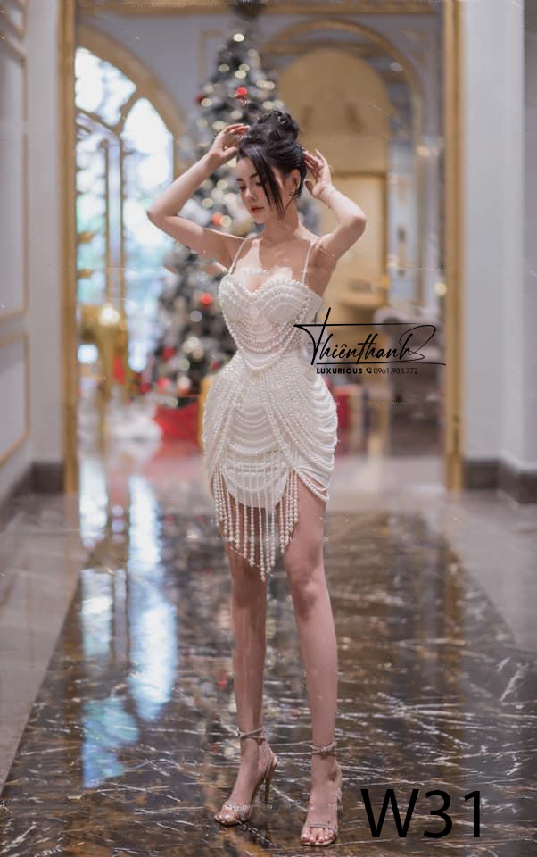 Đầm TK Dây Ngắn Đính Kết Ngọc Trai Tua Rua