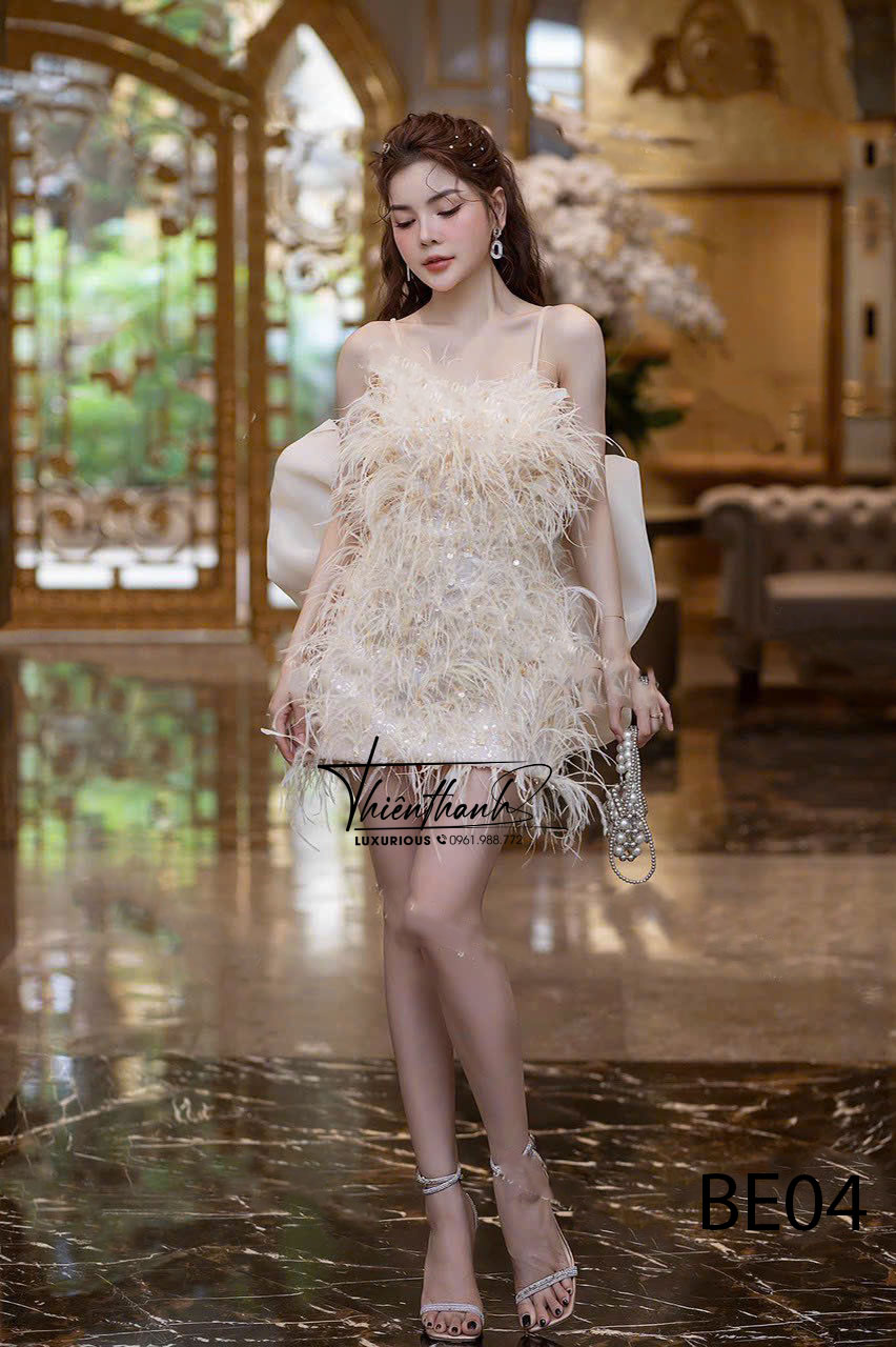 Đầm Tk Hai Dây Ngắn Lông Vũ Kèm Nơ