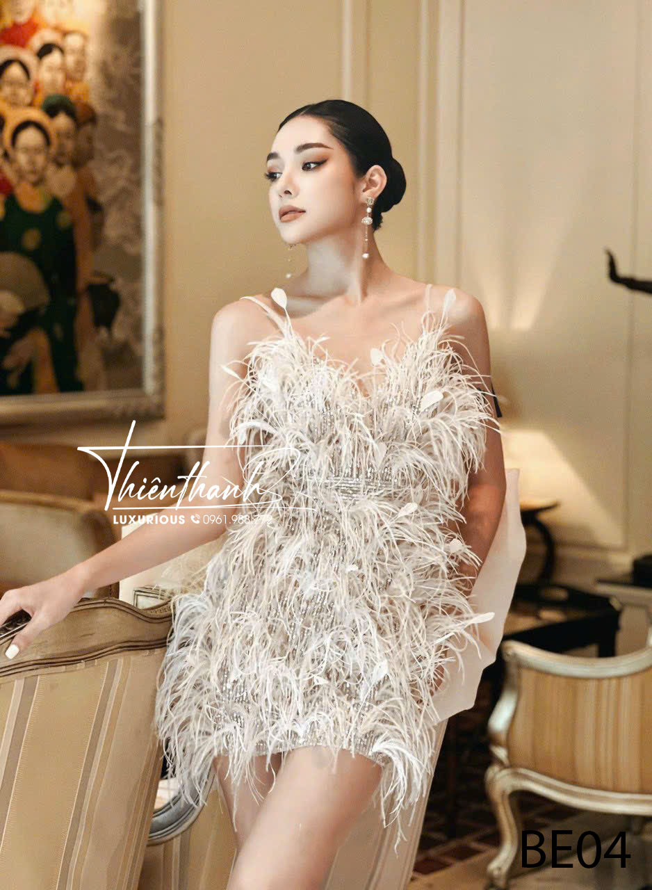 Đầm Tk Hai Dây Ngắn Lông Vũ Kèm Nơ