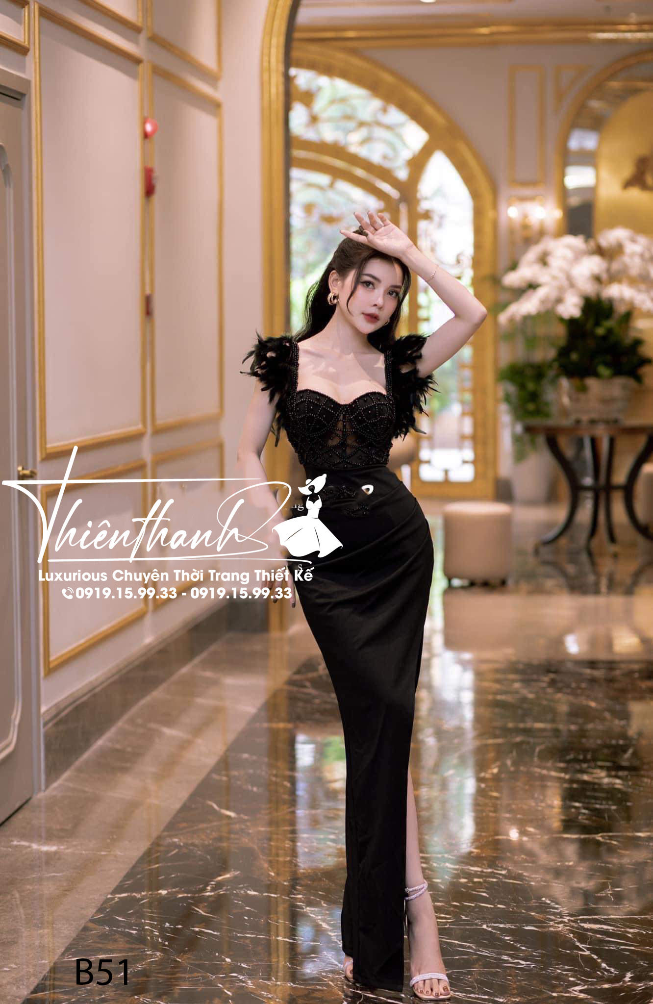 Đầm TK Dài 2 Dây Đính Lông Xẻ Tà Đính Kết